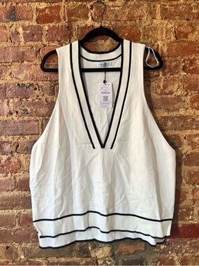 stradivarius White Sleeveless V-Neck Sweater Vest with Black Trim